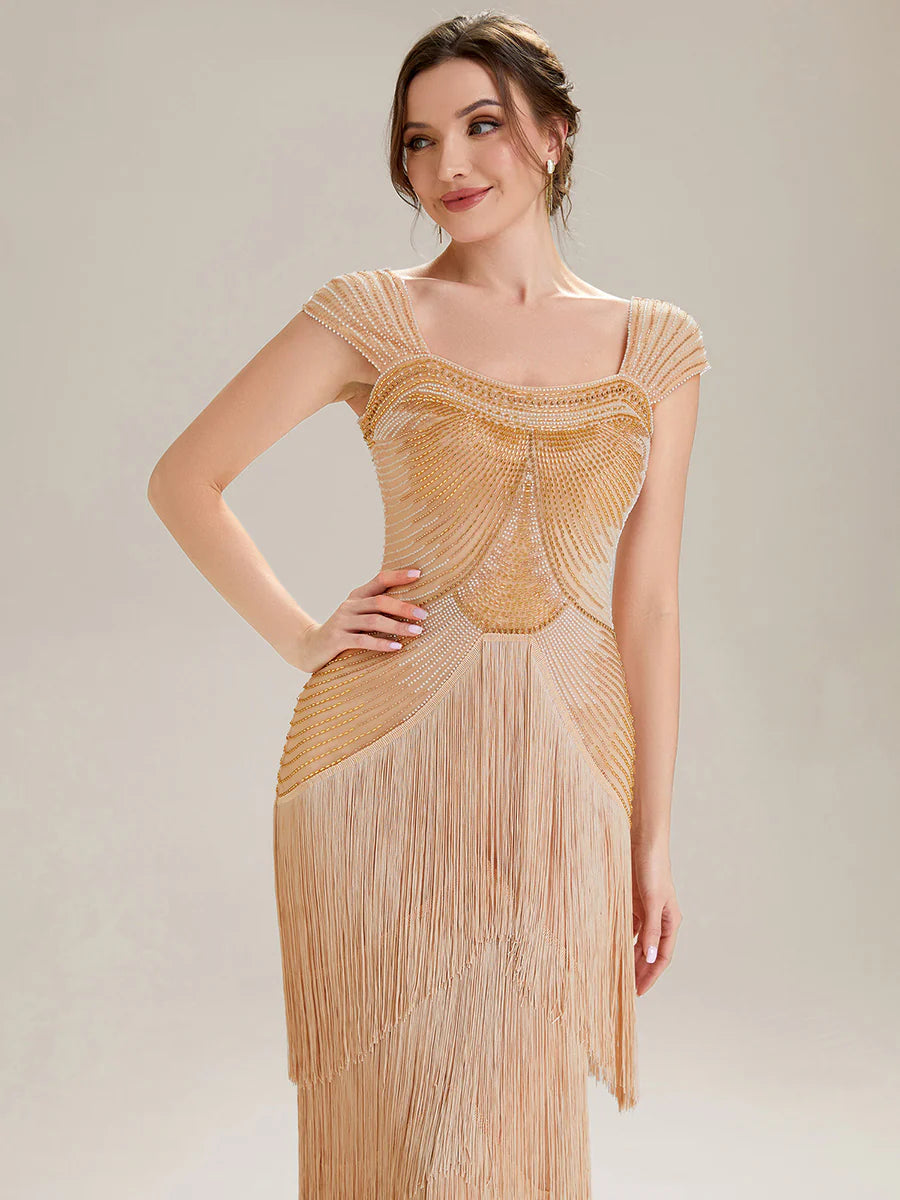 Volume Discounts Strapless Sheath Midi Length Square Neck Beaded Wedding Guest Dress