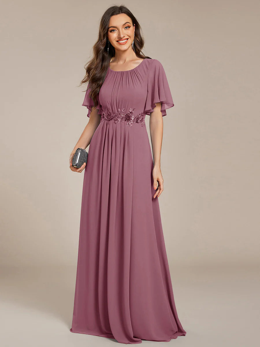 Short Sleeves Pleated Applique A-Line Floor-Length Formal Evening Dress