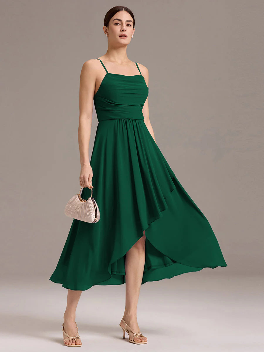 Custom Solutions Sleeveless Cowl Neck High-Low A-Line Non-Stretch Bridesmaid Dresses