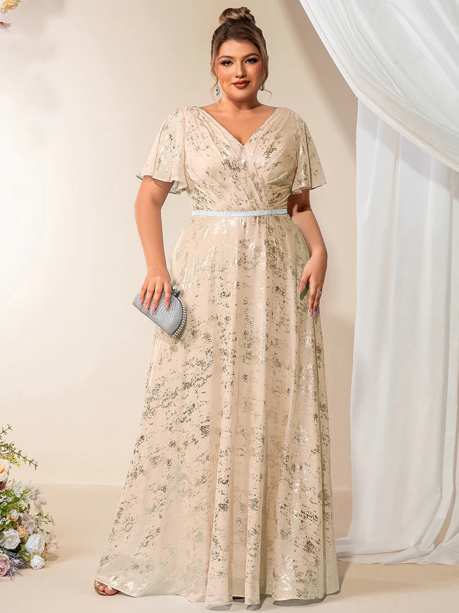 Bulk Order Plus Size Short Sleeve Ruffle A-Line Floor Length V-Neck Evening Dresses