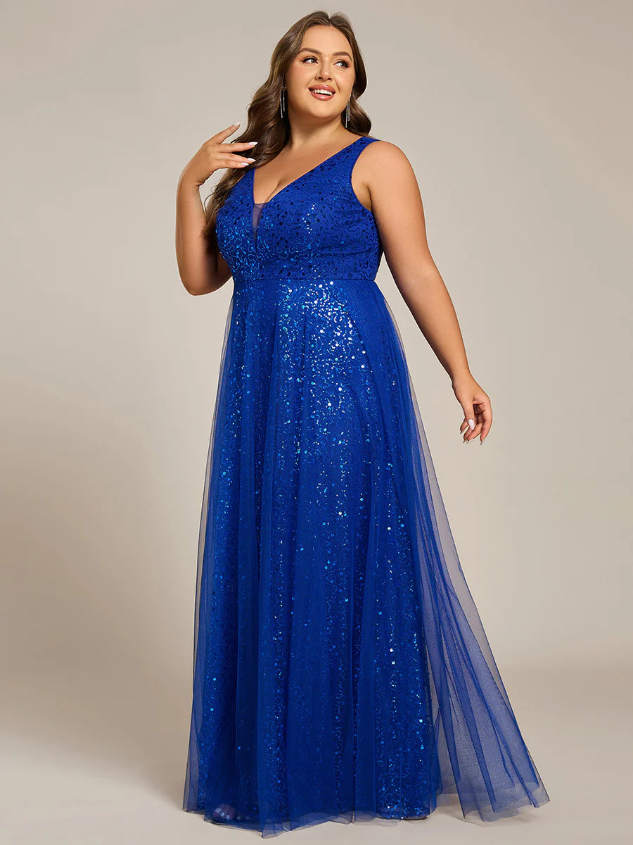 Elegant Plus Size V-Neck Backless Sequin Evening Dress with Sleeveless