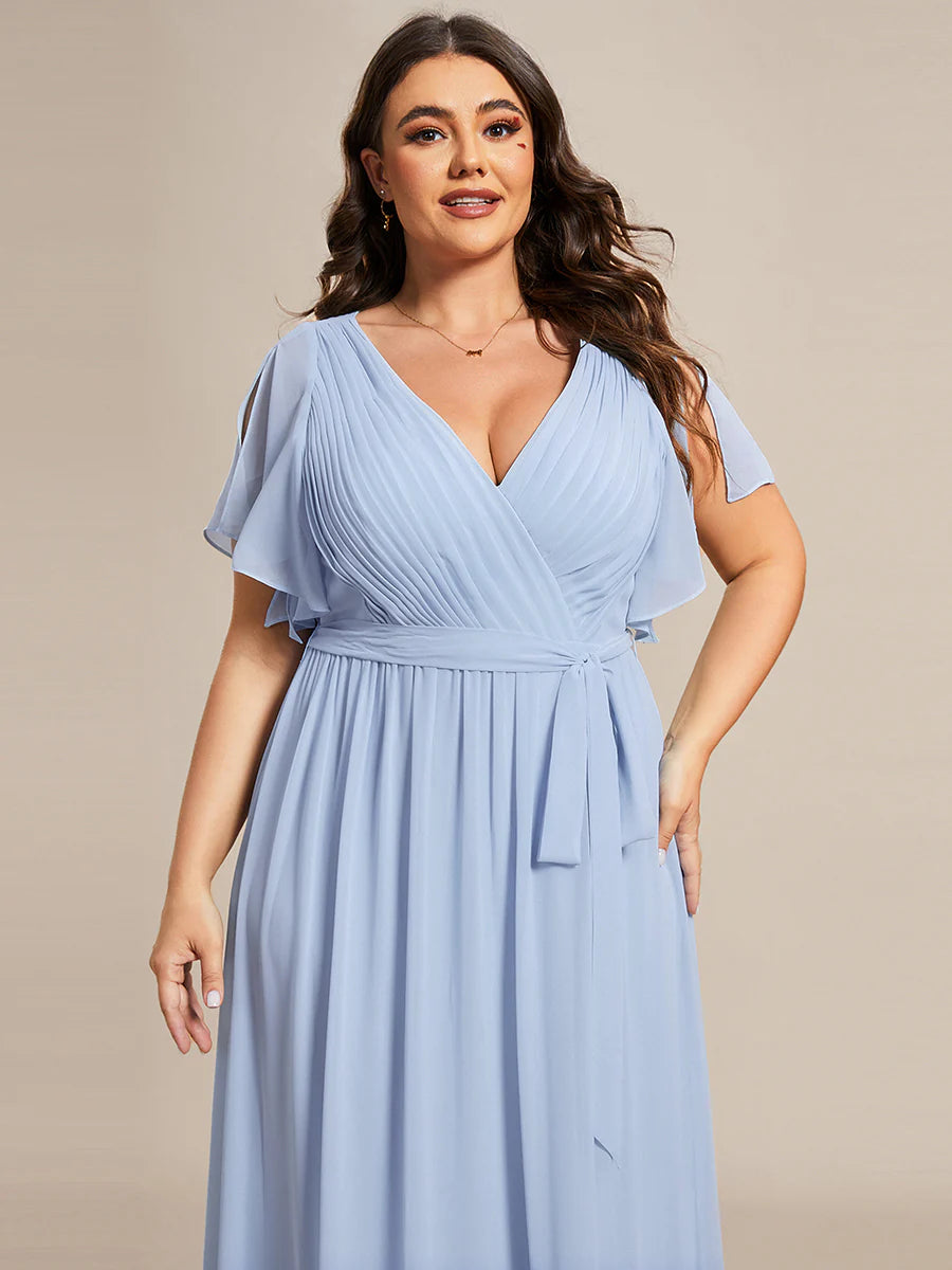 A Line Plus Size Wholesale Bridesmaid Dresses with Deep V Neck Ruffles Sleeves