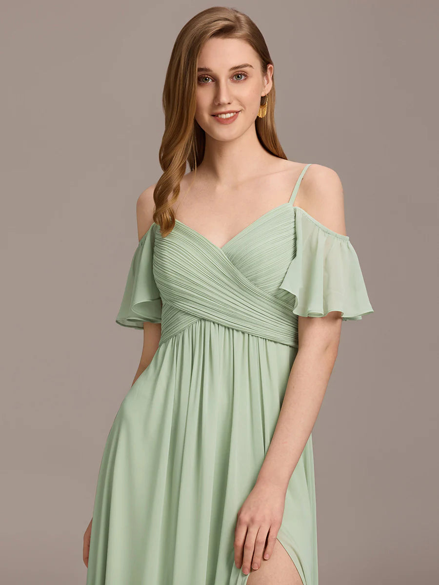Short Sleeve Off Shoulder Pleated A-Line Split Floor-Length Bridesmaid Dresses