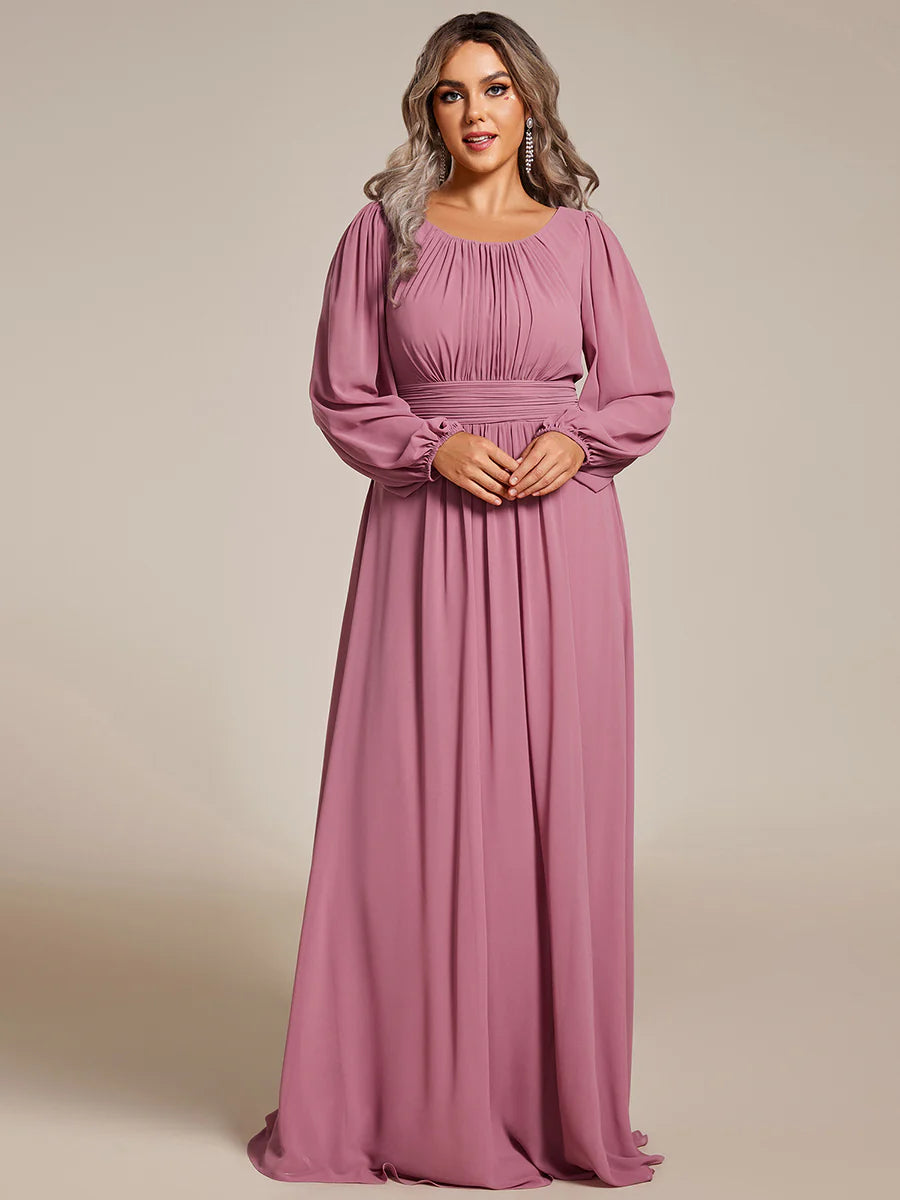Plus Size Round Neck Wholesale Bridesmaid Dresses with Long Lantern Sleeves