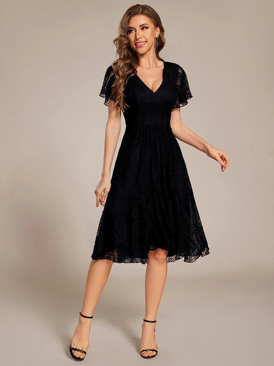 Short Sleeve Ruffled V-Neck A-Line Midi Wedding Guest Dress