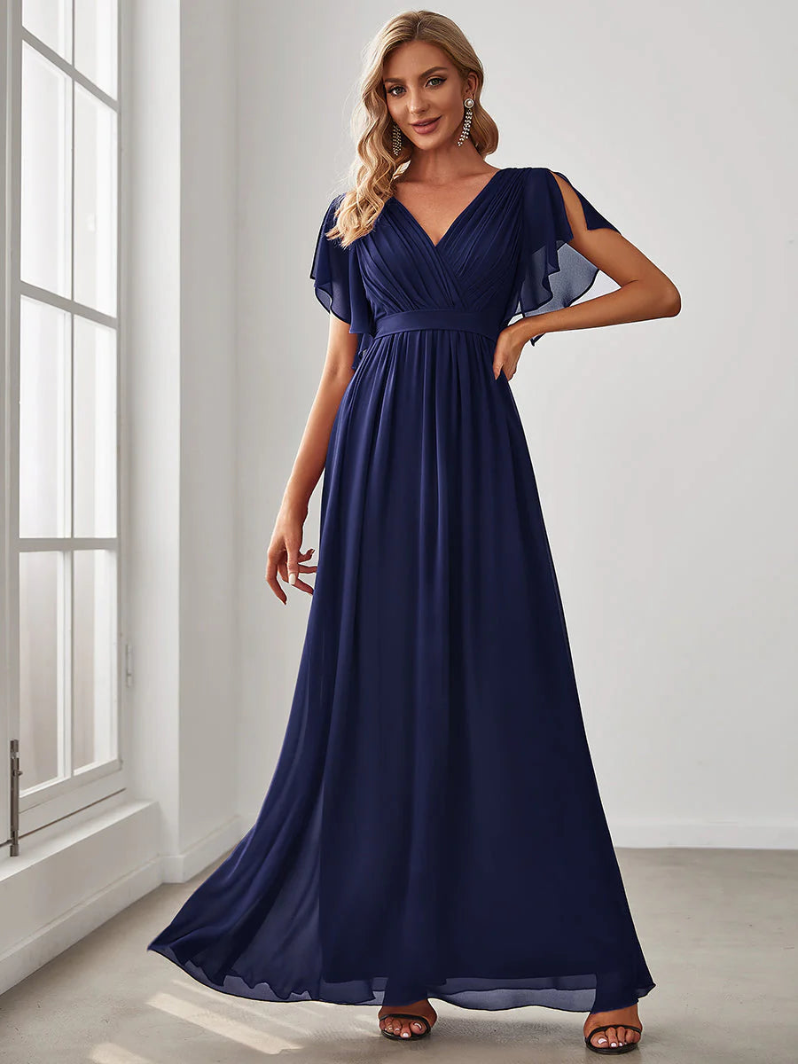 A Line Wholesale Evening Dresses with Deep V Neck Ruffles Sleeves