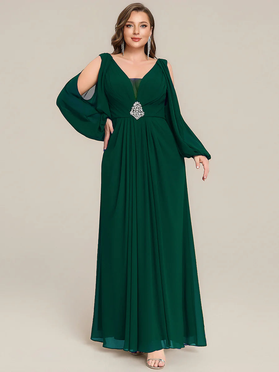 Volume Discounts Long Sleeve Lantern Sleeve A-Line Floor Length V-Neck Wedding Guest Dresses
