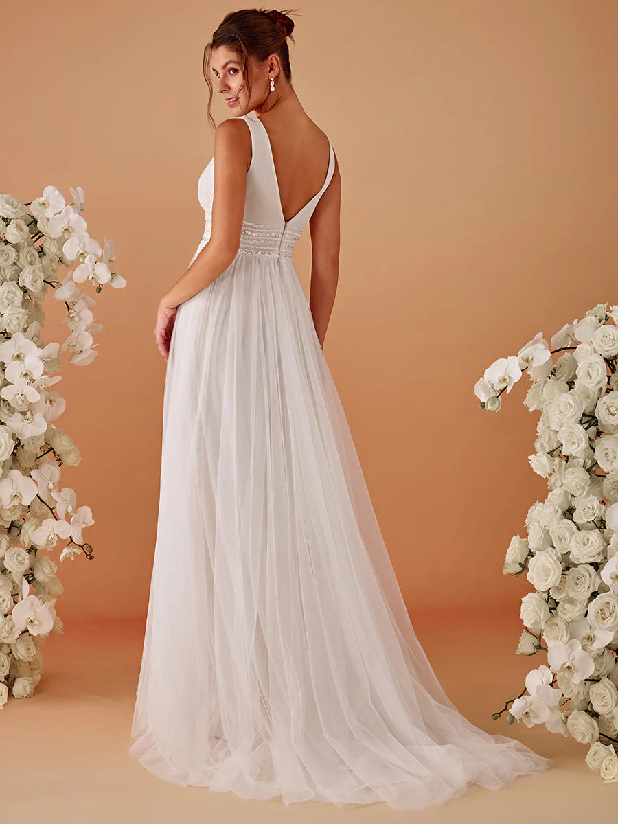 Backless A Line Sleeveless Wholesale Wedding Dresses with Deep V Neck