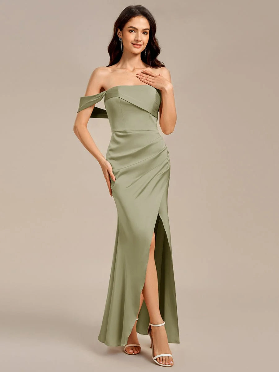 Custom Made|Sheath Off the Shoulder High Slit Mermaid Satin Bridesmaid Dress