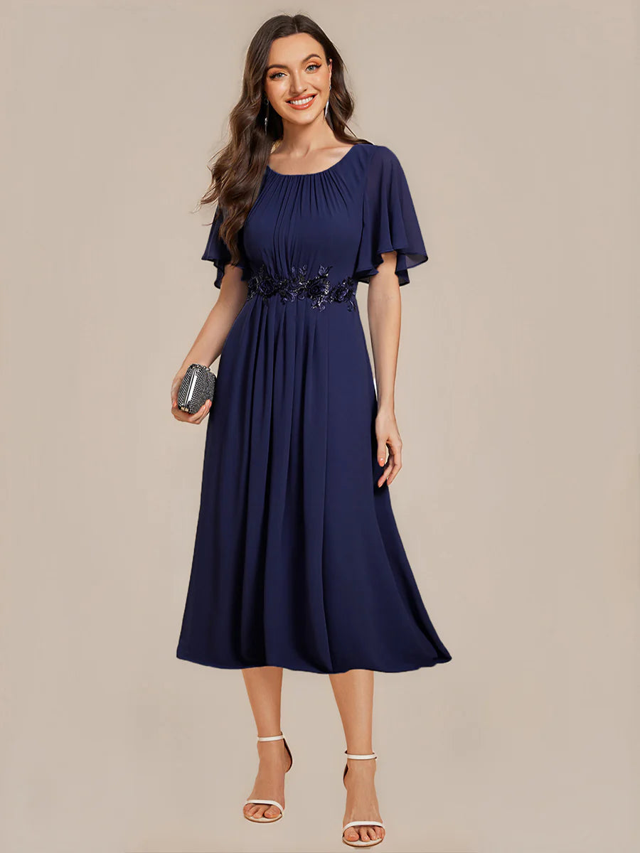 Commercial Wholesale Short Sleeve Ruffle A-Line Midi Dress with Floral Appliques Evening Dresses