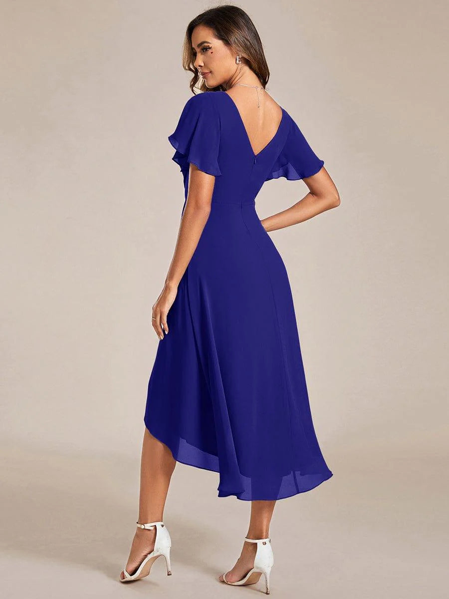 Chic V Neck High-Low Short Sleeve Wedding Guest Dress