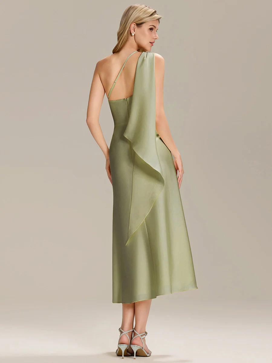 One Shoulder Gathered Non-Stretch Midi Wrap Wedding Guest Dresses