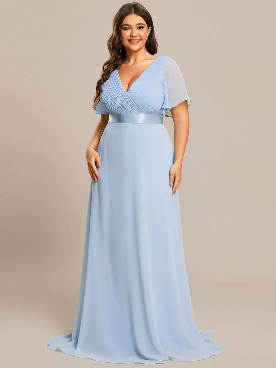 Double V-Neck Ruffles Padded Plus Size Wholesale Evening Dresses