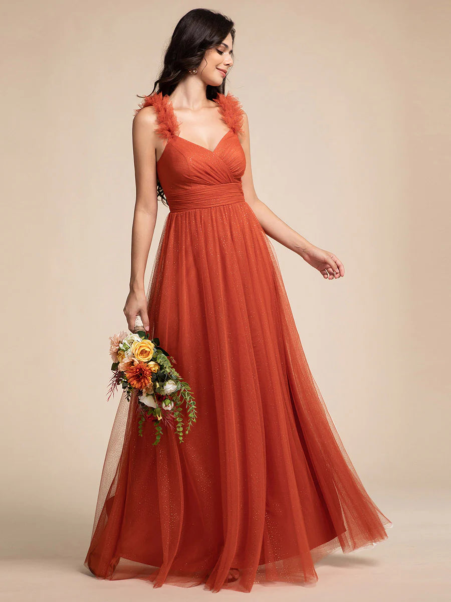 Romantic Deep V Neck Flying sleeve Tulle Bridesmaid Dresses with Gold Stamping Pleated decoration
