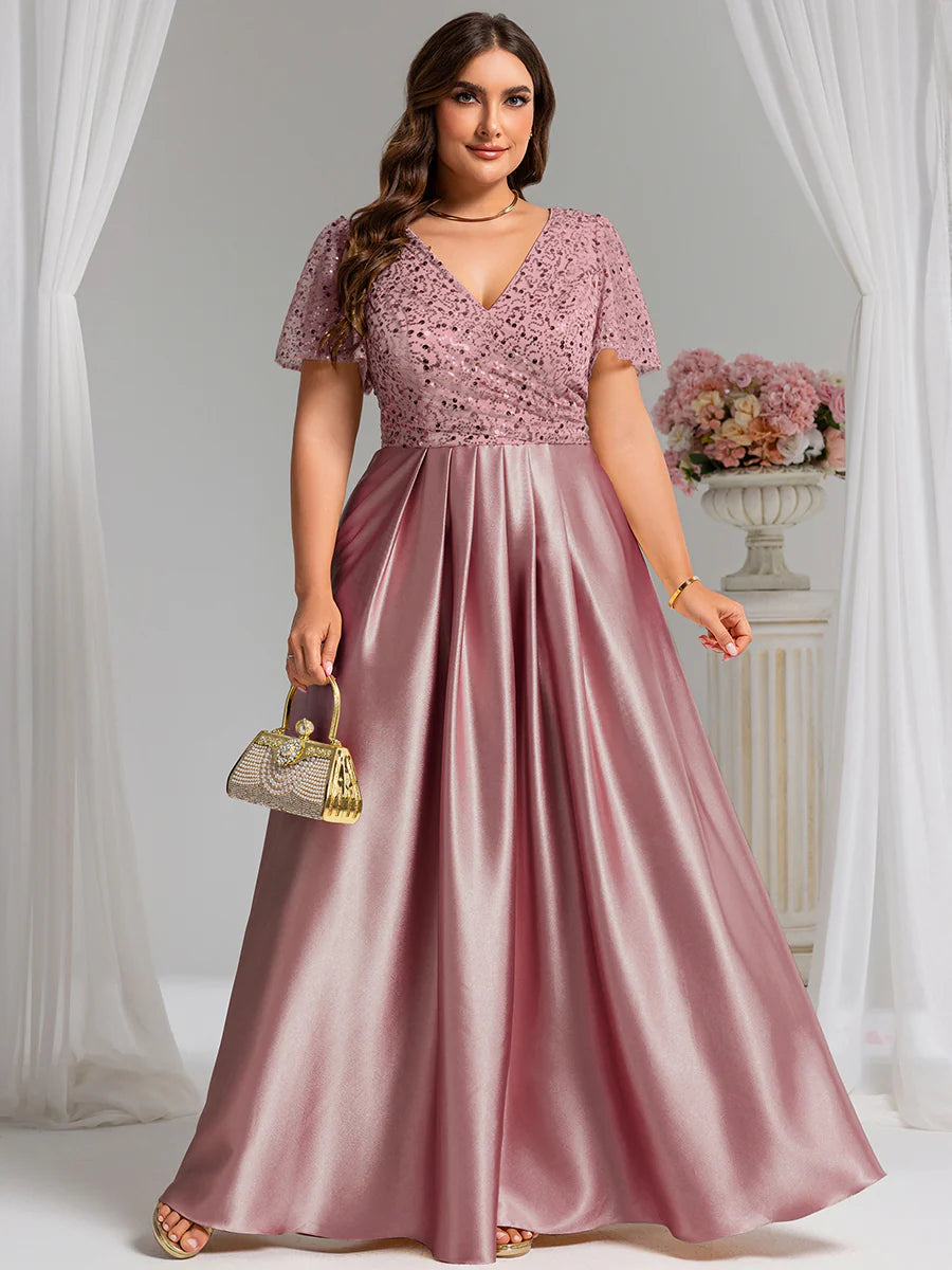 Factory Design Short Sleeve Ruffle Sheer Appliques V Neck Evening Dress