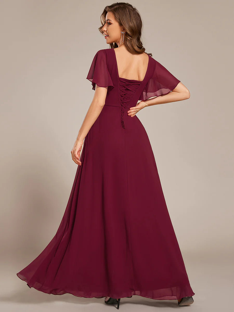Ruffles Sleeves Chiffon Bridesmaid Dresses with Back Frenulum Knotting