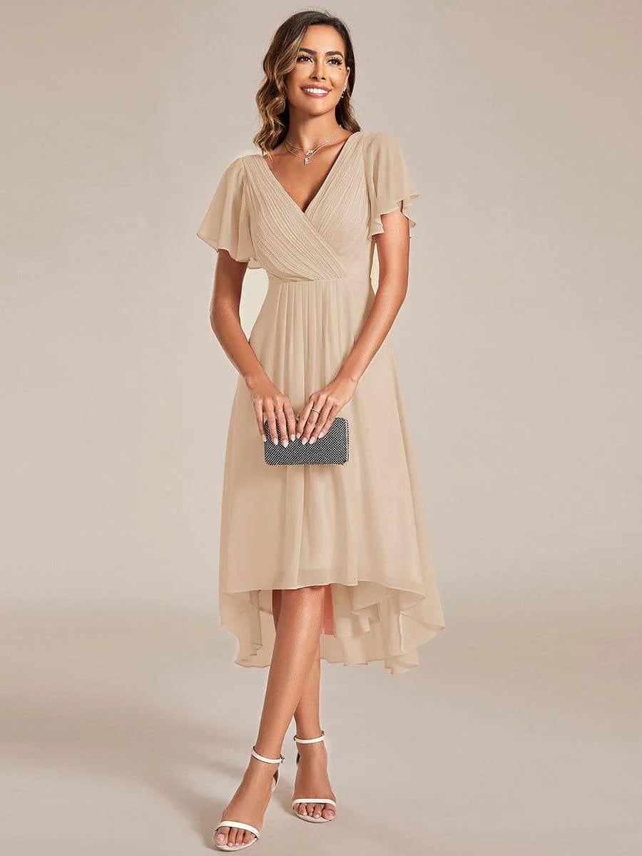 Chic V Neck High-Low Short Sleeve Wedding Guest Dress