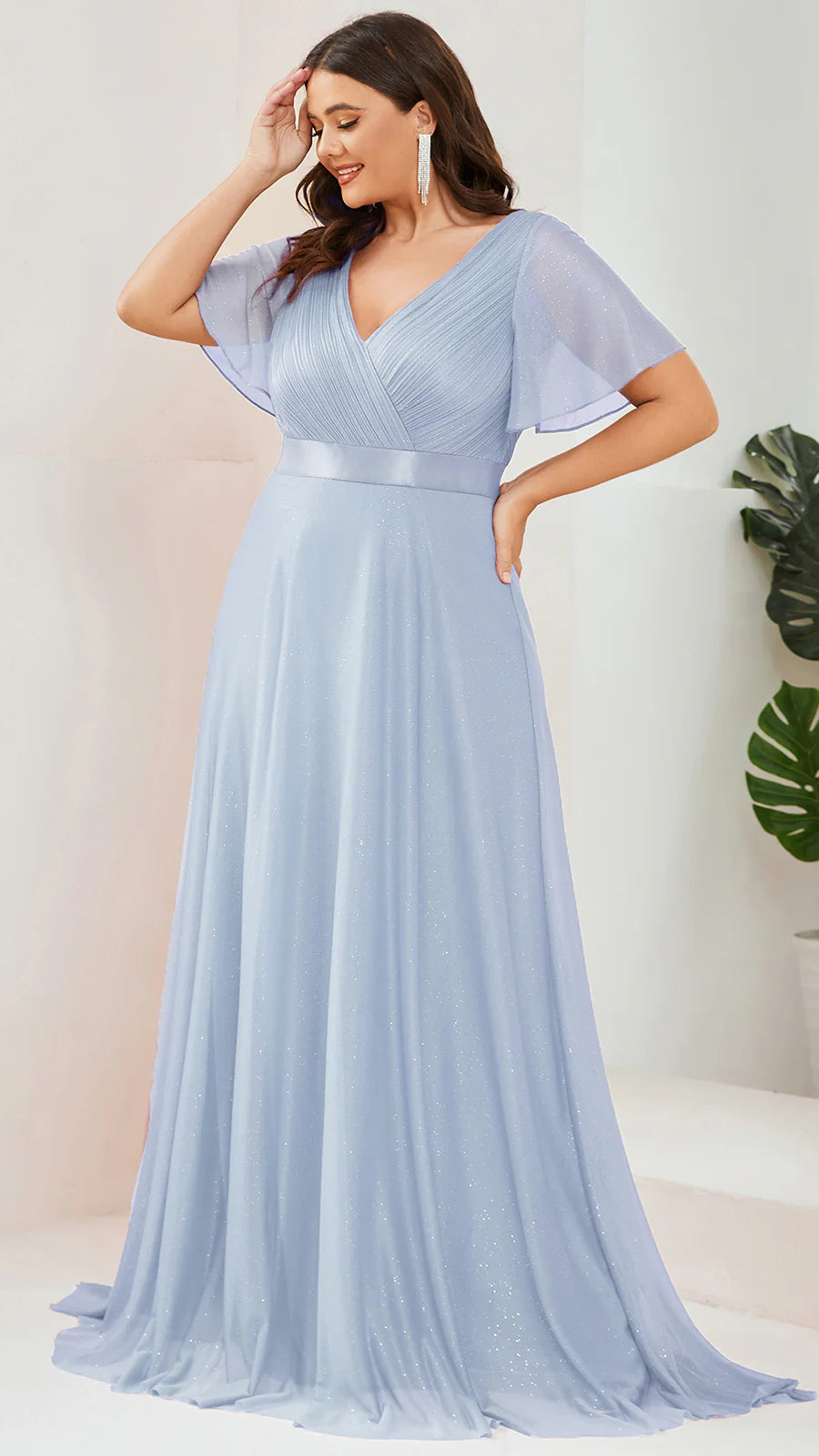 Plus Size Deep V Neck Ruffles Sleeve A Line Wholesale Evening Dresses