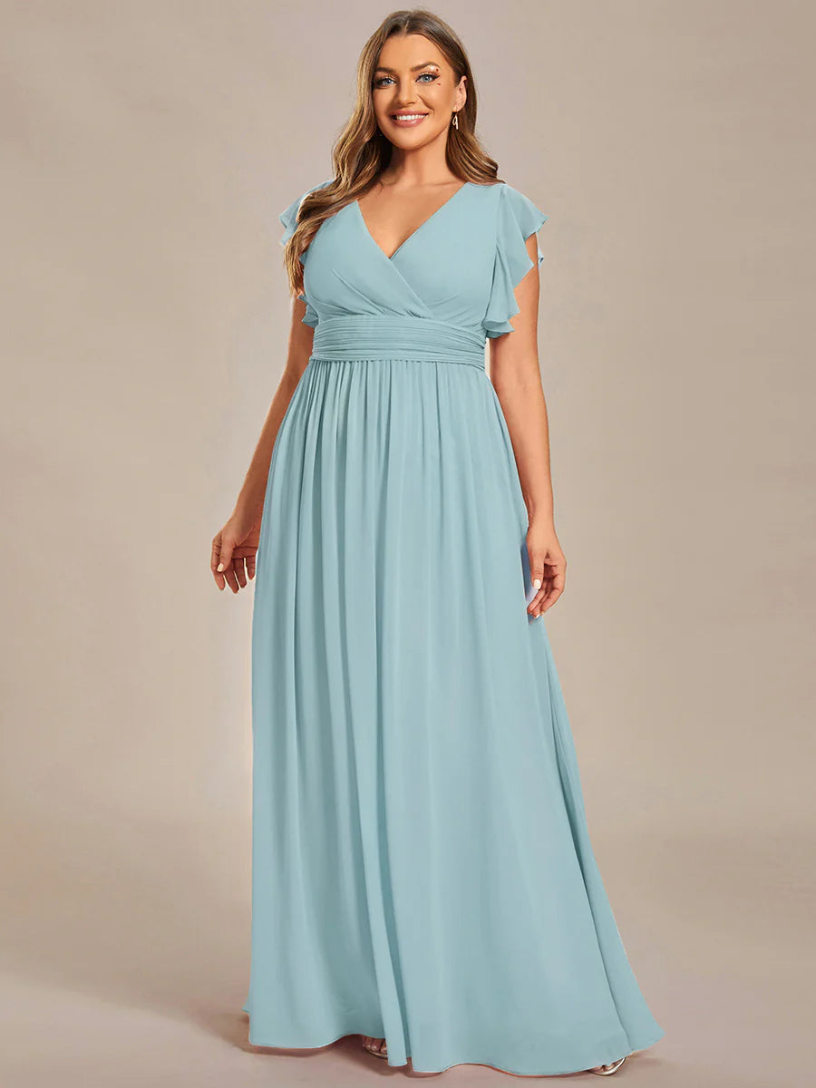Plus V Neck Pleated Belted Ruffles Wholesale Bridesmaid Dresses
