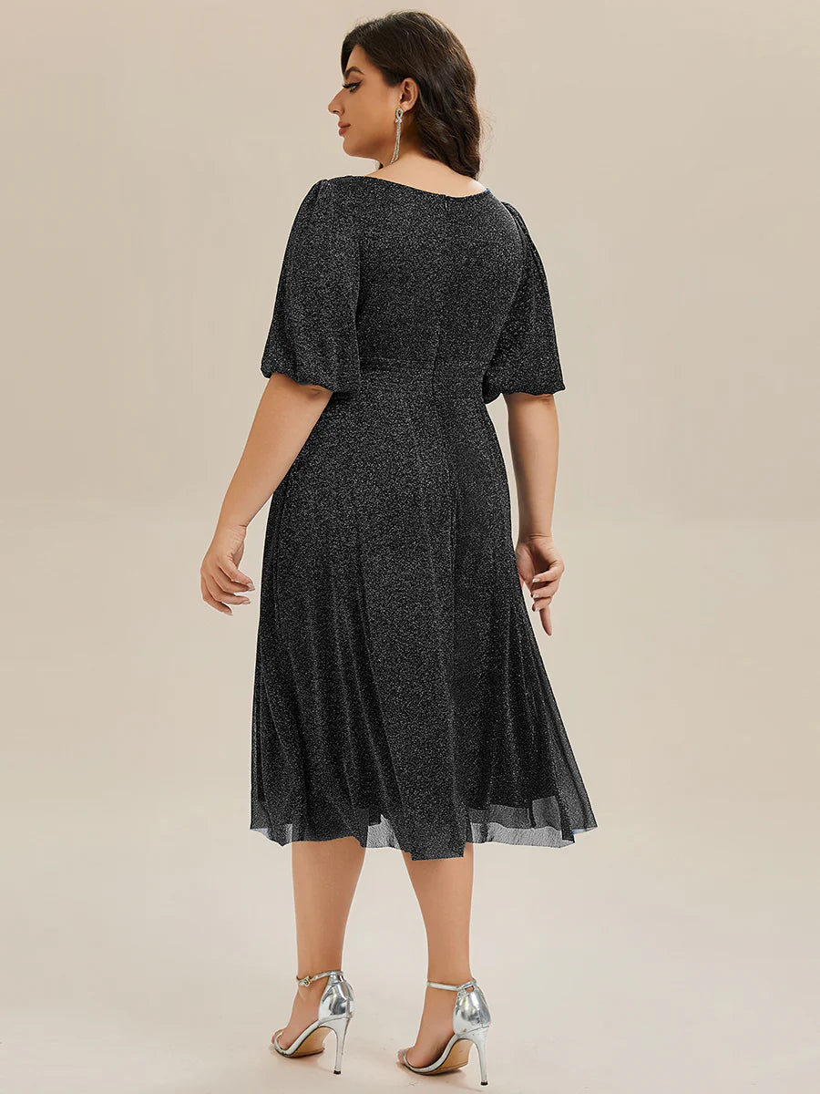 Half Sleeve Gathered A-Line Midi Length Wedding Guest Dresses