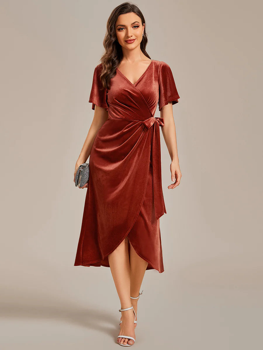 One-piece Type Velvet Tea Length  Wedding Guest Dress