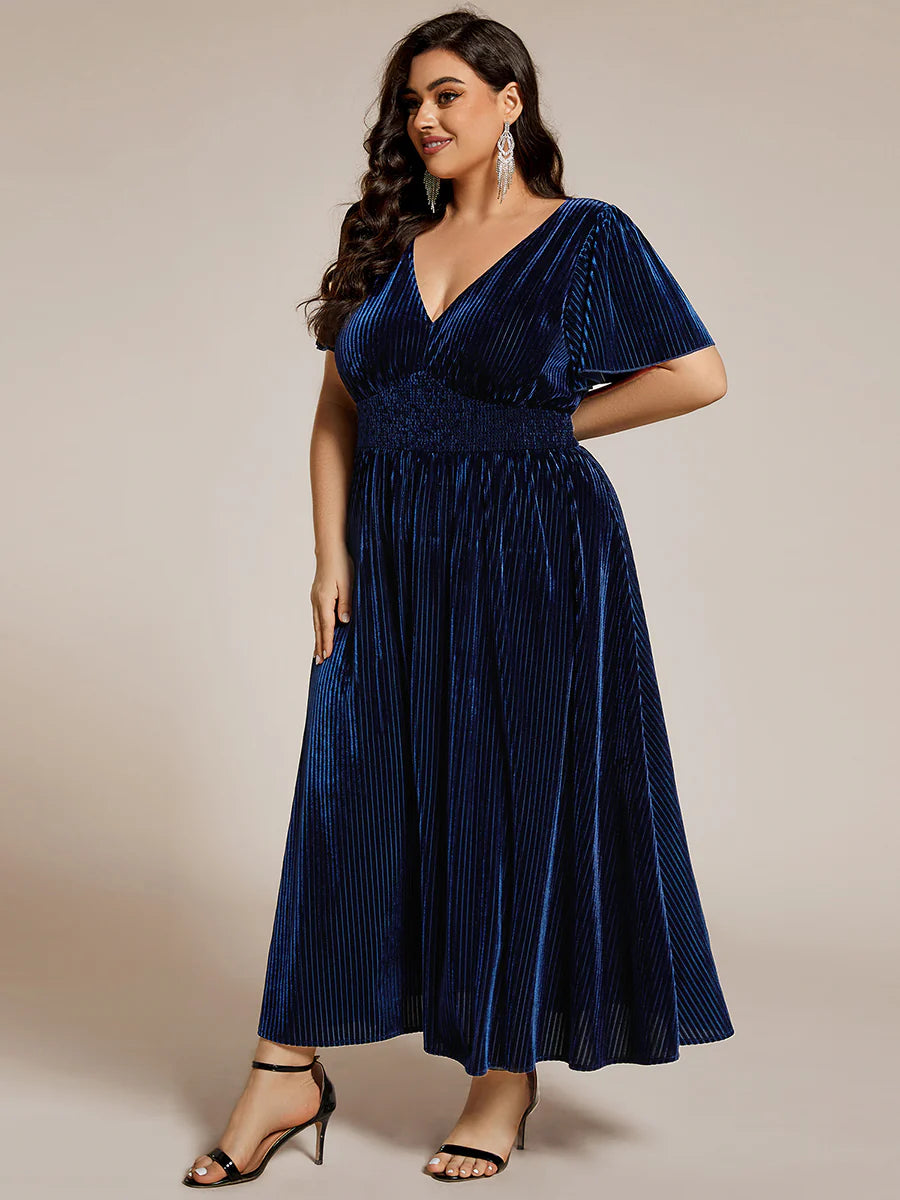 Plus-Size-V-Neck Tea Length Velvet Wedding Guest Dresses