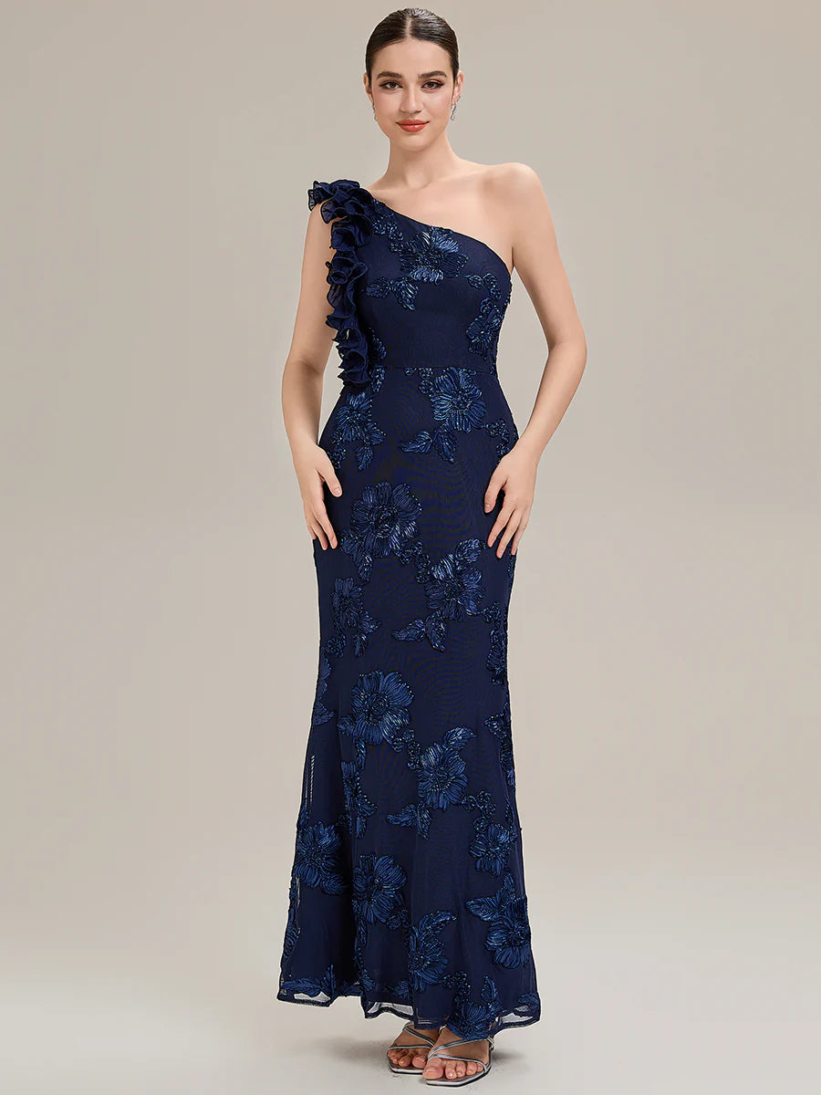 Custom Made One Shoulder Sleeveless Floral Jacquard Fishtail Evening Dresses