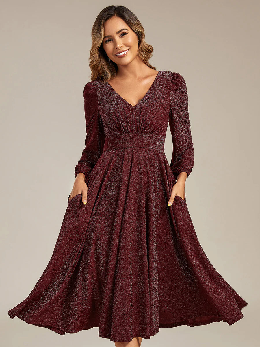 Long Sleeve V-Neck Gathered A-Line Midi Wedding Guest Dresses