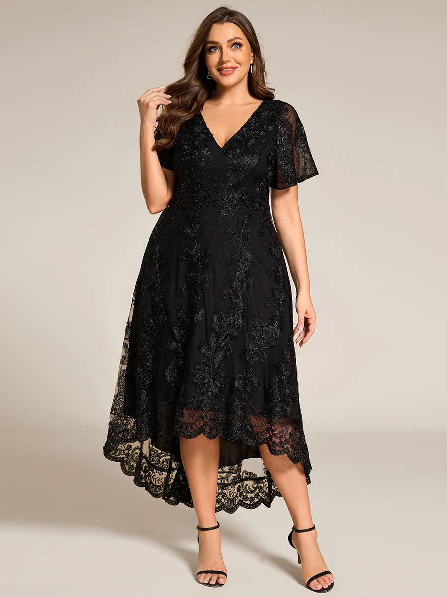 Plus Size Exquisite Embroidery Decoration Short See-through Ruffles Sleeve Lace Wedding Guest Dresses with Asymmetrical Hem