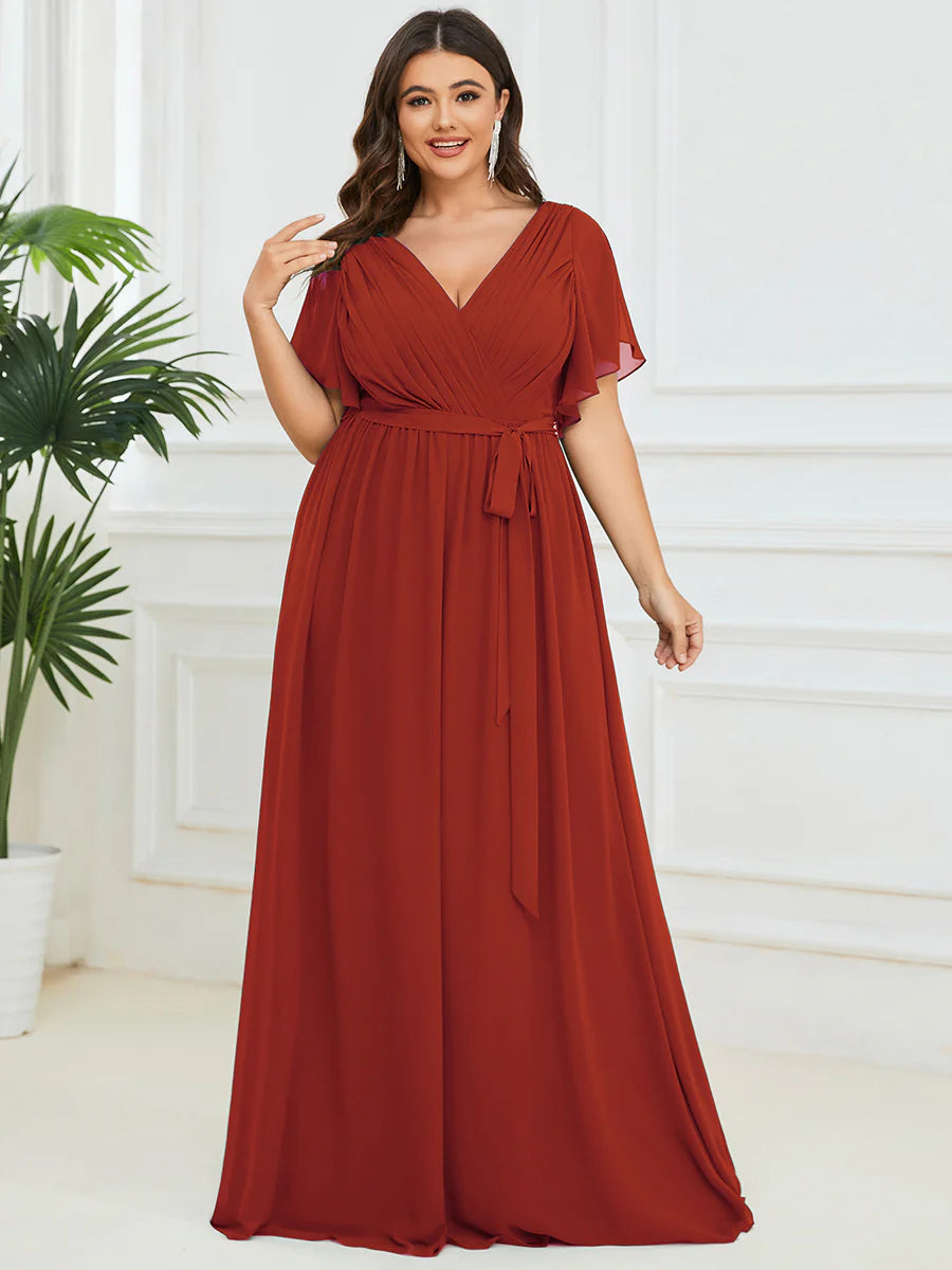 Short Sleeve Ruffle Deep V-Neck A-Line Floor Length Evening Dresses