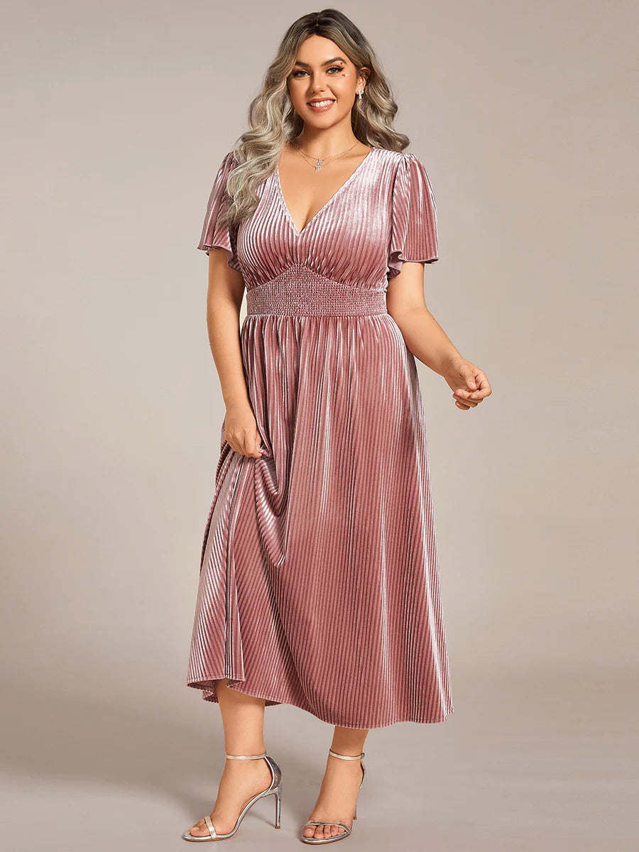 Plus-Size-V-Neck Tea Length Velvet Wedding Guest Dresses