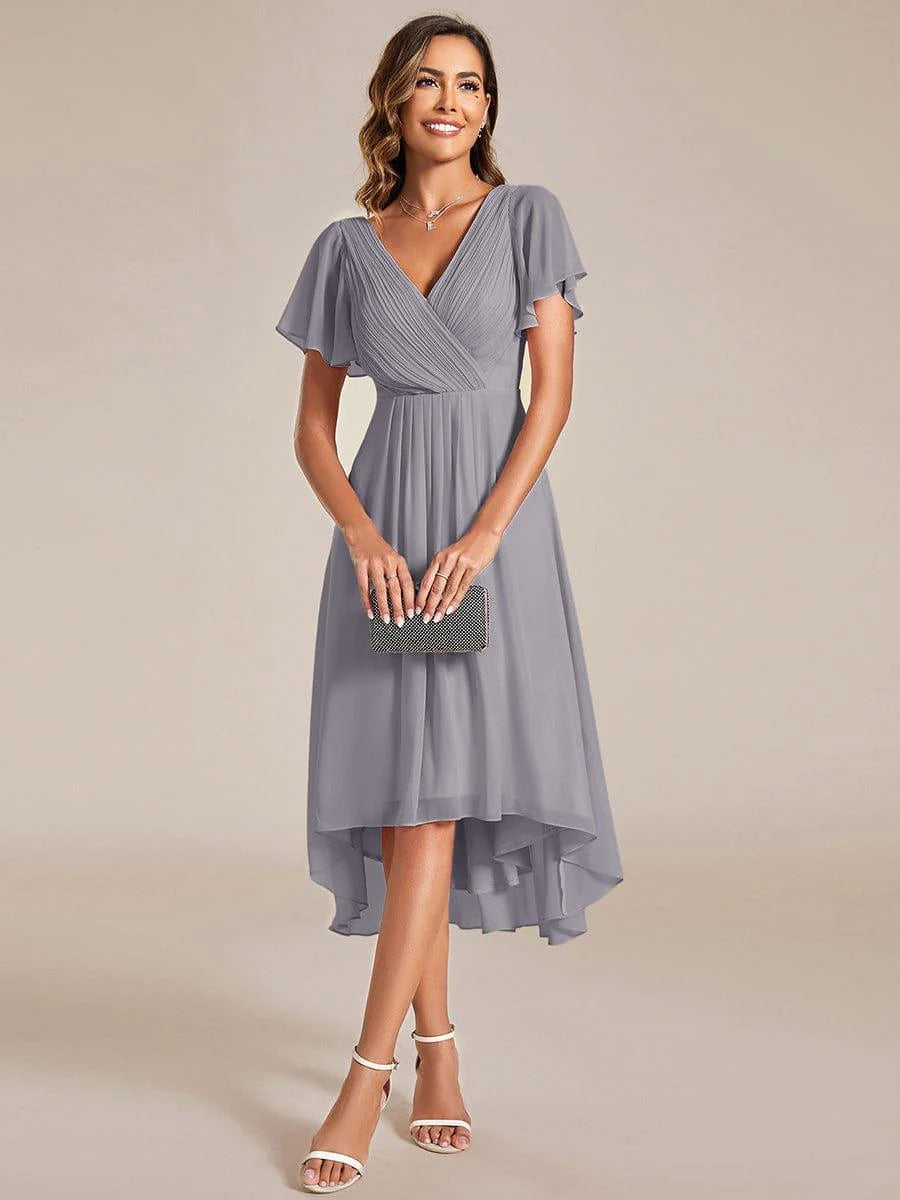 Chic V Neck High-Low Short Sleeve Wedding Guest Dress