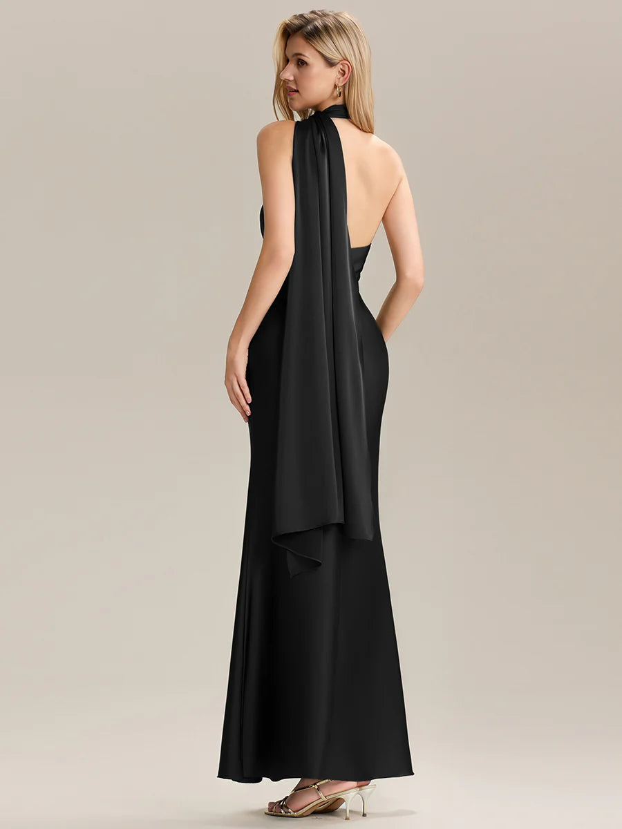 Short Sleeves V-Neck Backless Fishtail Floor Length Bridesmaid Dresses