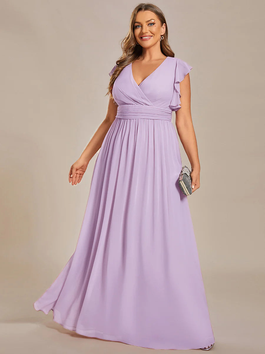 Plus V Neck Pleated Belted Ruffles Wholesale Bridesmaid Dresses