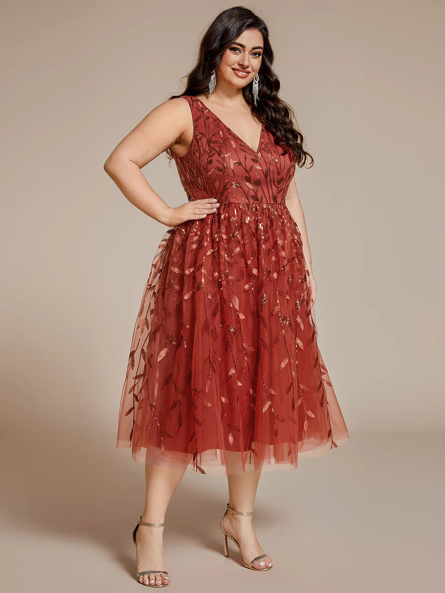 Plus Size V-Neck Sequin Midi Wedding Guest Dress With Sleeveless