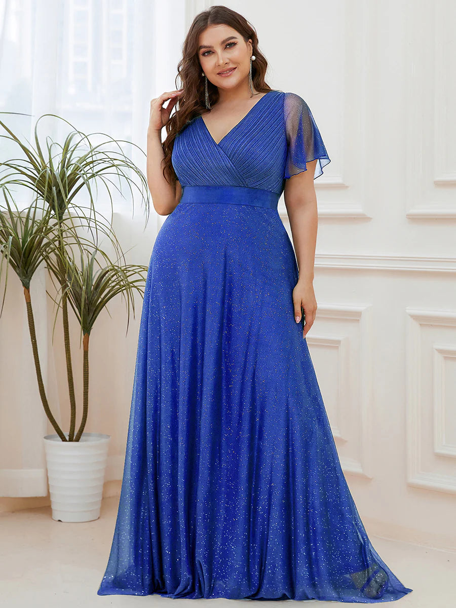 Plus Size Deep V Neck Ruffles Sleeve A Line Wholesale Evening Dresses