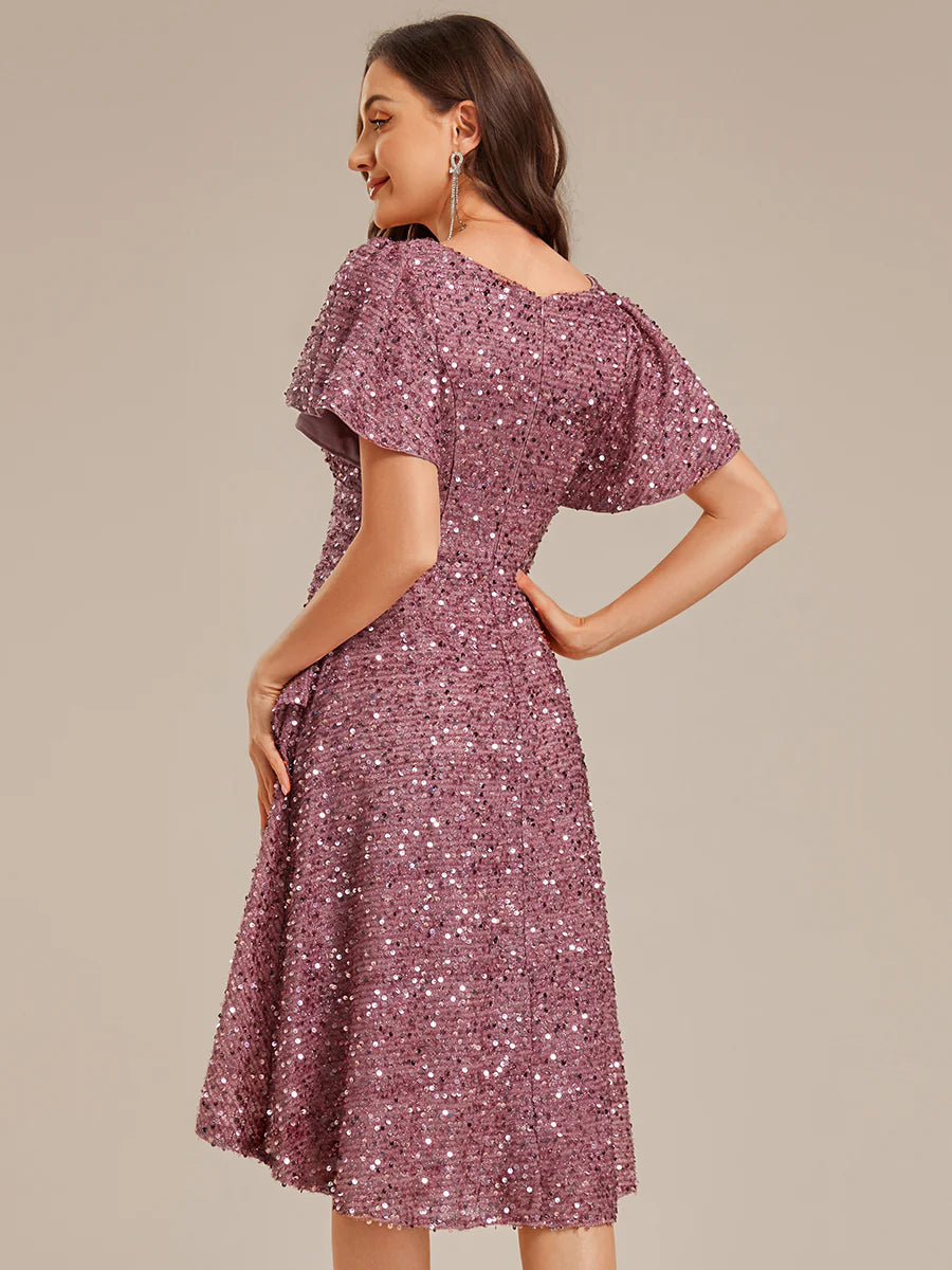 Bulk Order Short Sleeve Ruffle Sequin Deep V-Neck High-Low Formal Dresses