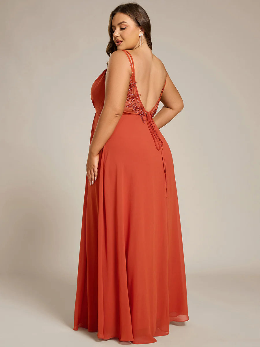 Plus Size Sleeveless V-Neck Appliques A-Line Floor Length Bridesmaid Dresses