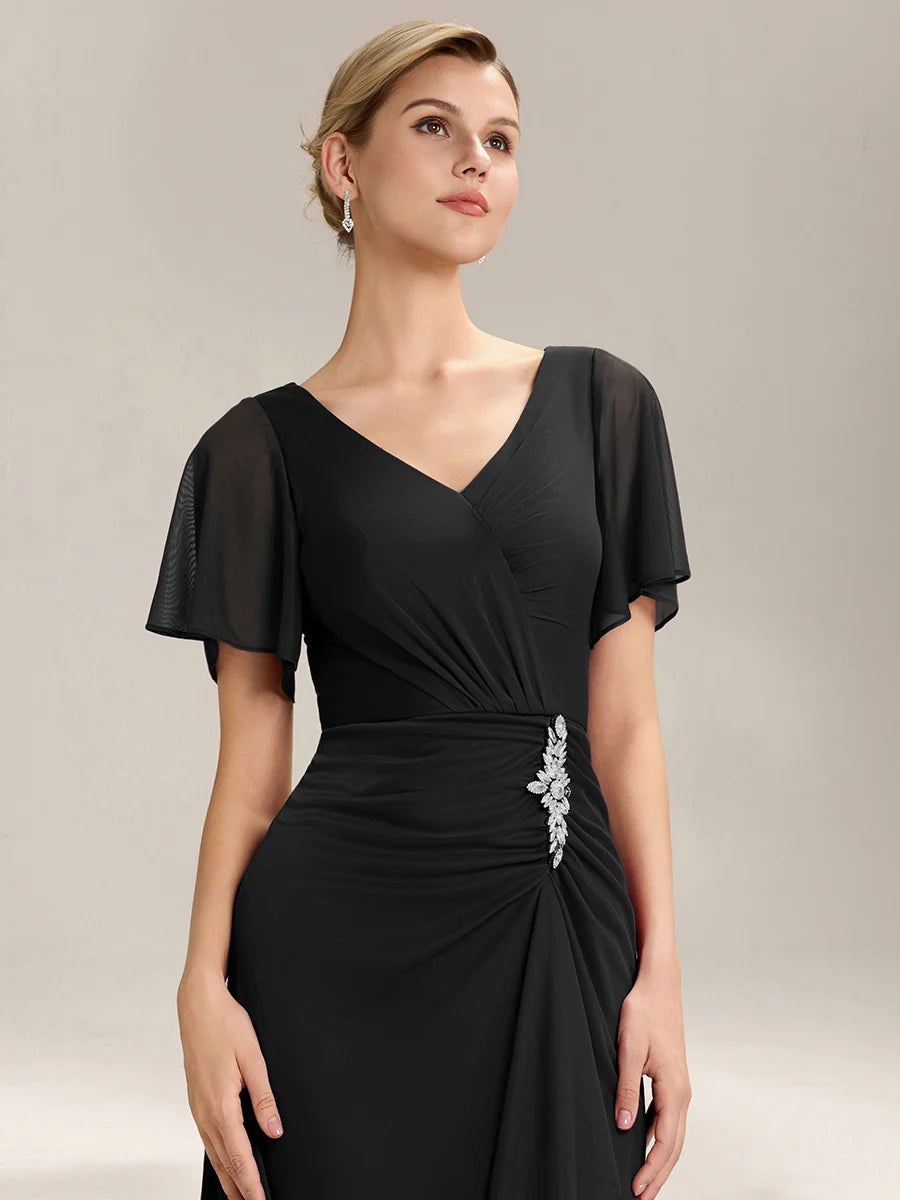 Short Sleeve Ruffle Deep V-Neck A-Line Maxi Dress with Slit Mother of the Bride Dresses
