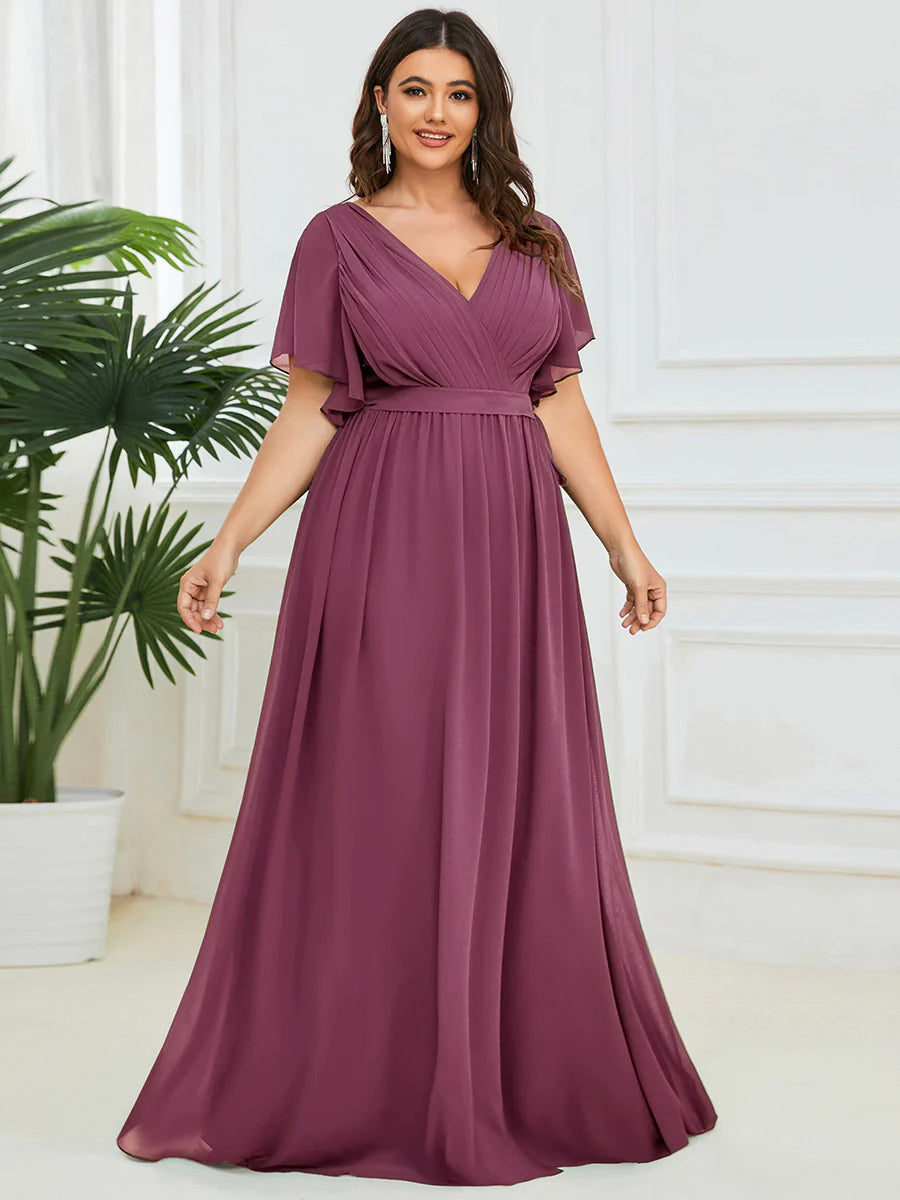 Short Sleeve Ruffle Deep V-Neck A-Line Floor Length Evening Dresses