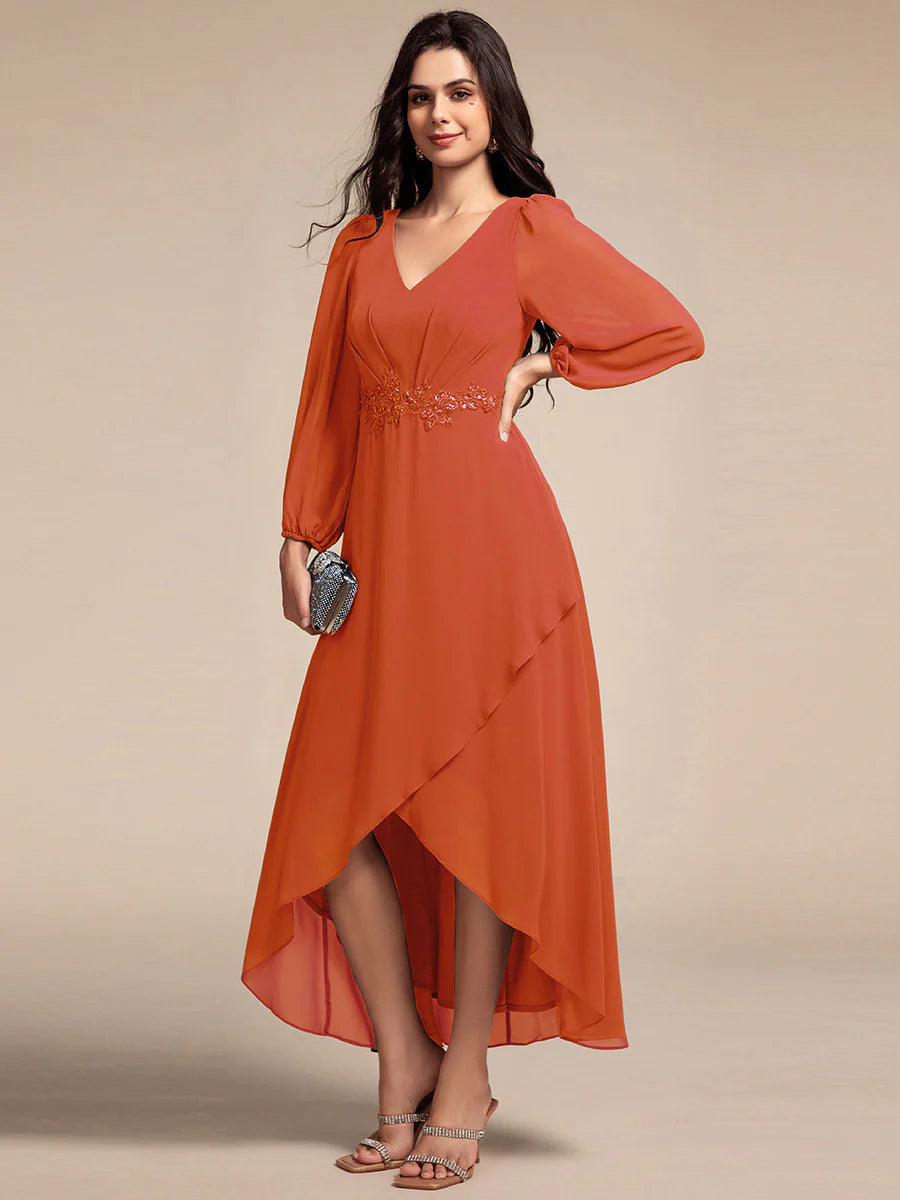 Elegant Applique Empire Waist Nine-Length Chiffon Evening Dresses with Regular fold stream Asymmetrical Hem
