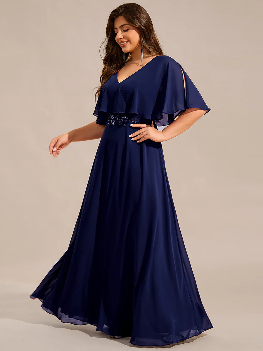 Plus Size Elegant Shawl Bat-wing Sleeve Chiffon Evening Dresses with Applique Decoration