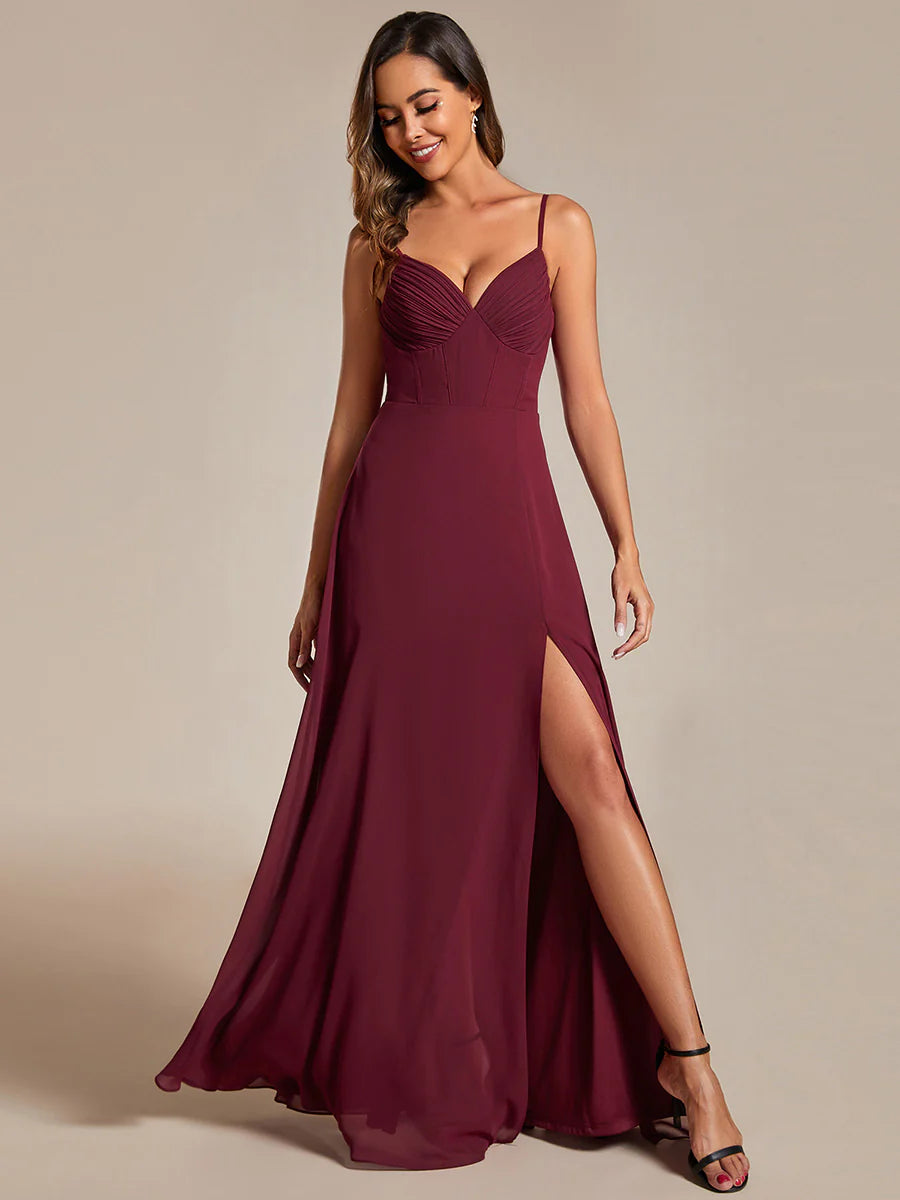 Chiffon Spaghetti Strap Bridesmaid Dress with High Split