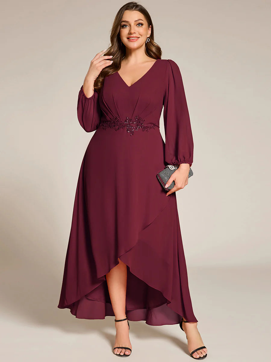 Elegant Plus Size Applique Empire Waist Nine-Length Chiffon Evening Dresses with Regular fold stream Asymmetrical Hem