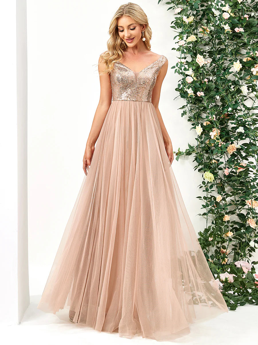 Wholesale High Waist Tulle & Sequin Sleeveless Evening Dress