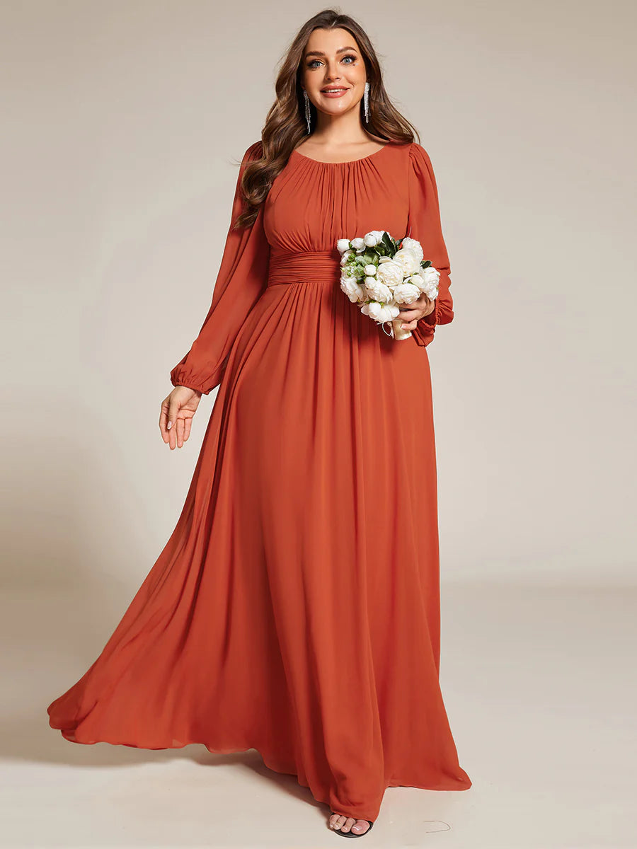 Plus Size Round Neck Wholesale Bridesmaid Dresses with Long Lantern Sleeves