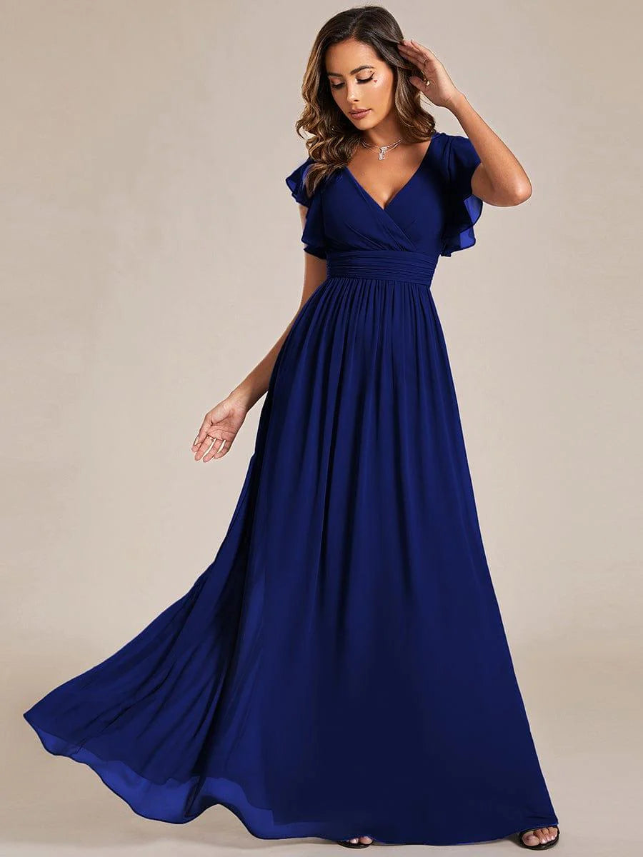 Ever LILYANA|Elegant V-Neck Open Back Ruffled Sleeves Chiffon Bridesmaid Dress