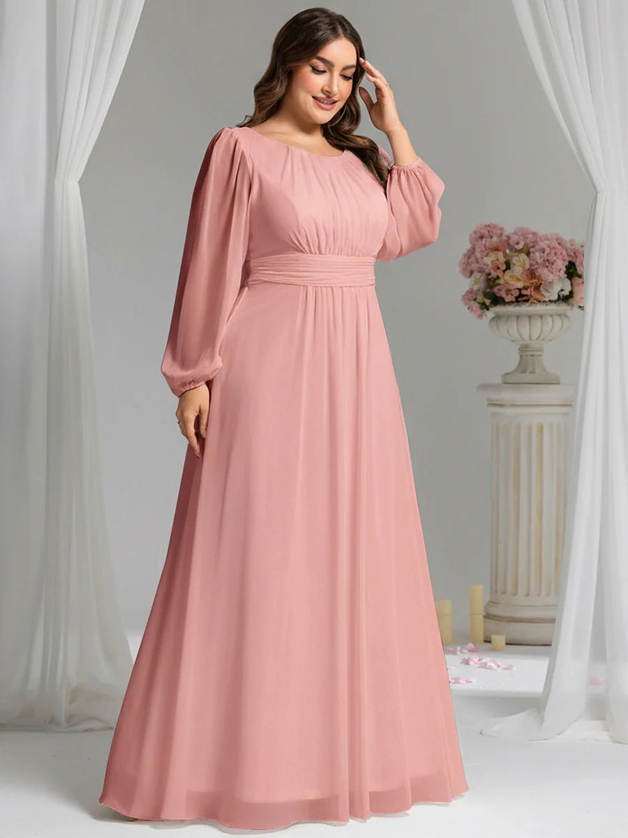 Plus Size Round Neck Wholesale Bridesmaid Dresses with Long Lantern Sleeves