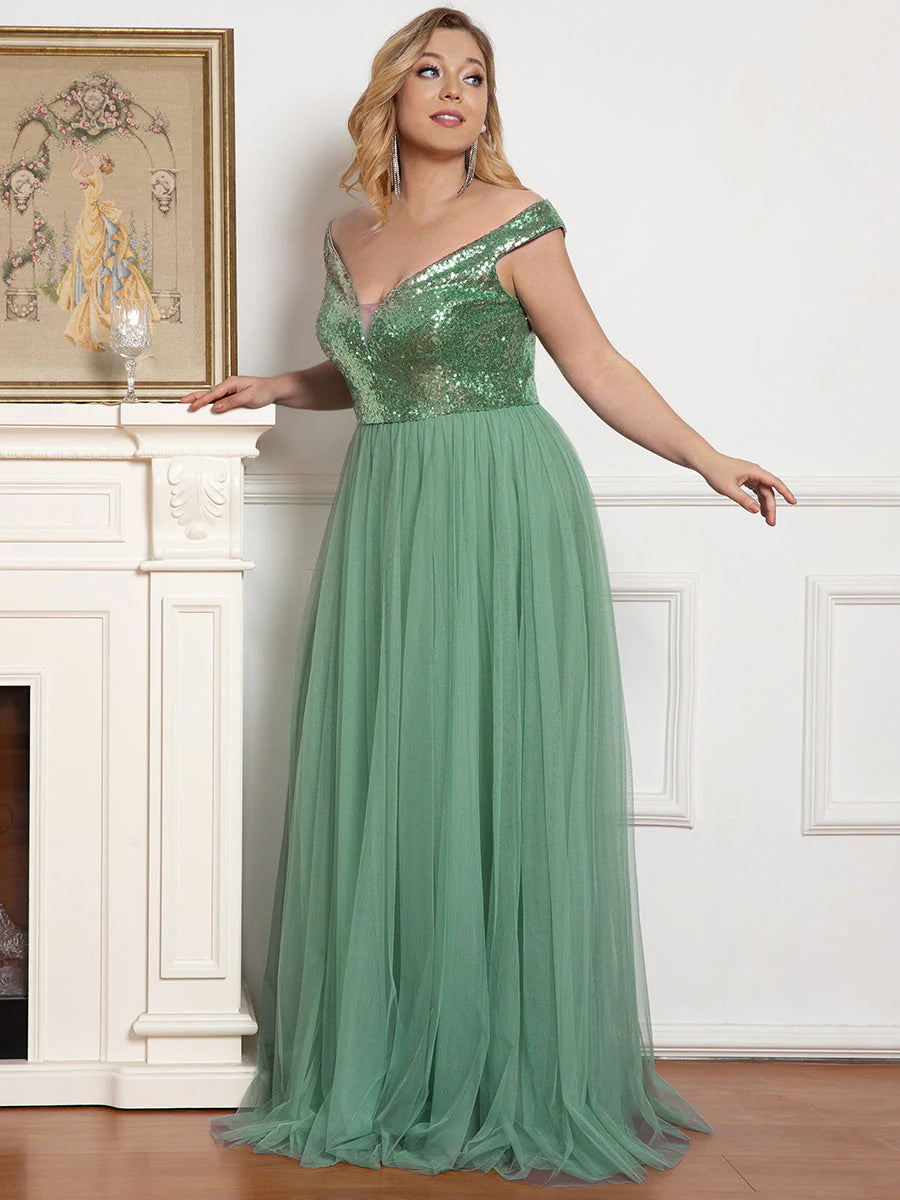 Plus Size Wholesale High Waist Tulle & Sequin Sleeveless Evening Dress EE00277