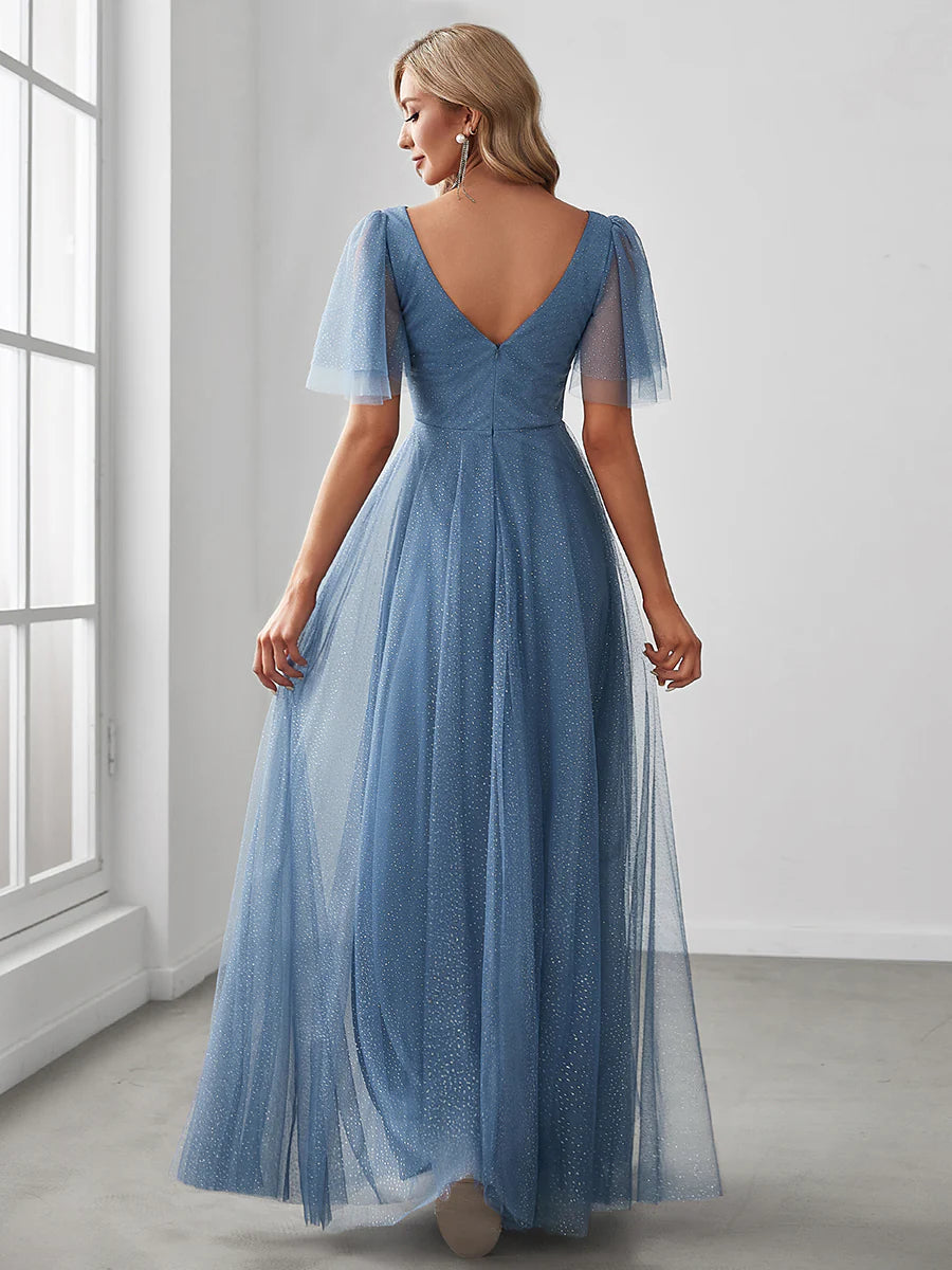 Wholesale Long Deep V Neck Maxi A-Line Tulle Evening Dress